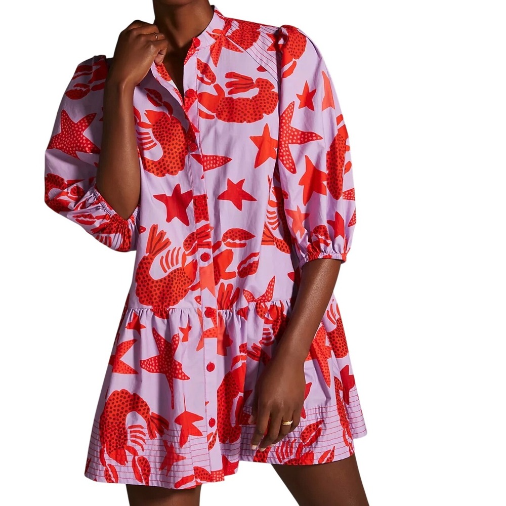 Farm Rio Purple Red Lobster Starfish Print Mini Button Down Dress Size Medium